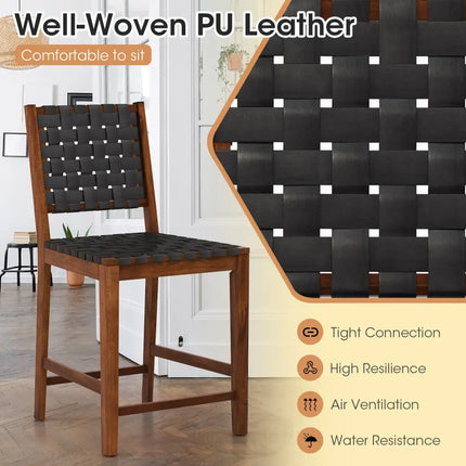 Set of 2 Woven Bar Stools with Faux PU Leather Straps-Black - Black - Bar Stools
