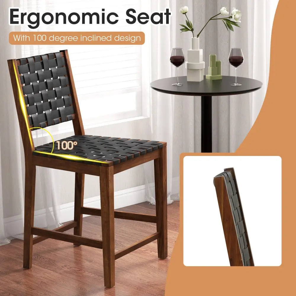 Set of 2 Woven Bar Stools with Faux PU Leather Straps-Black - Black - Bar Stools