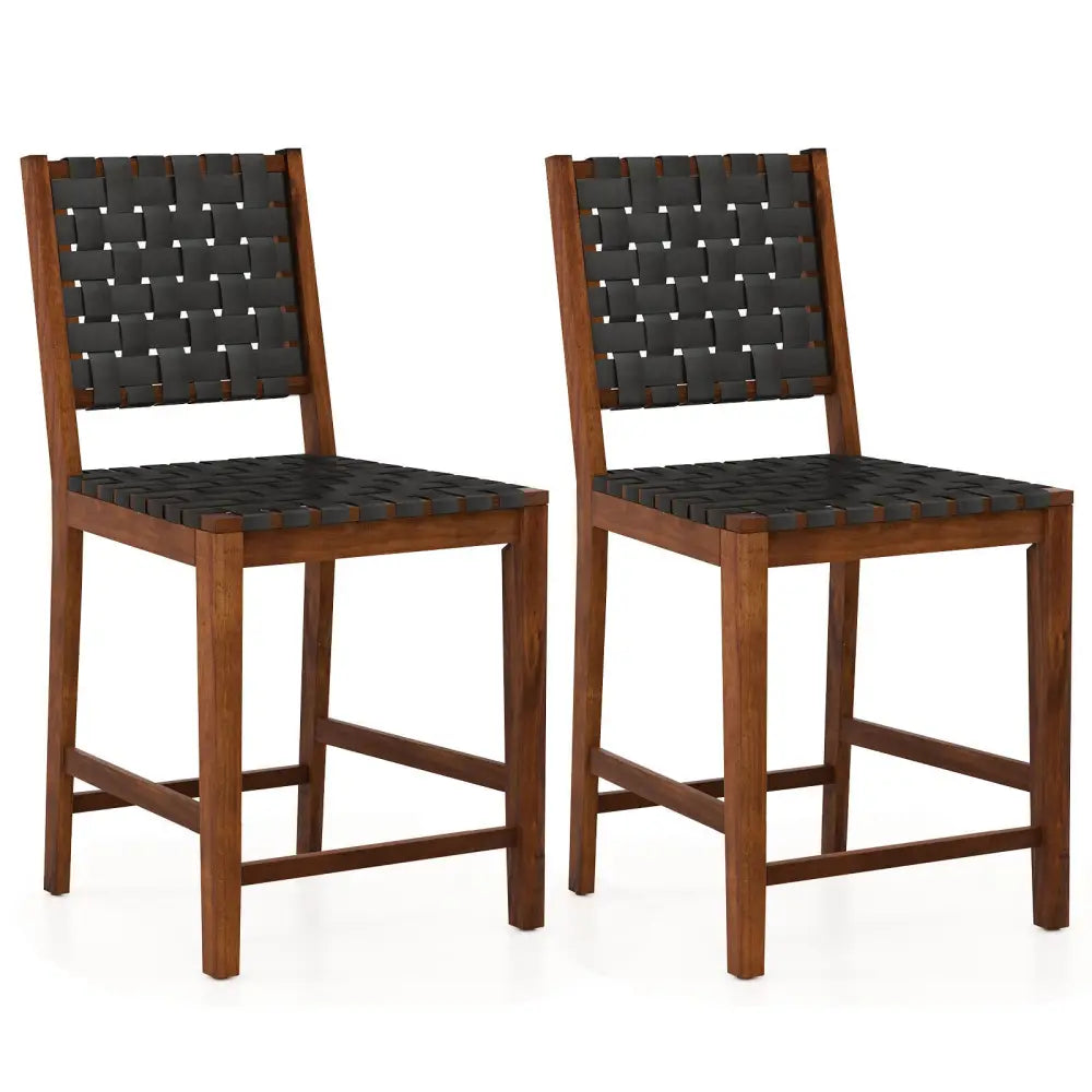 Set of 2 Woven Bar Stools with Faux PU Leather Straps-Black - Black - Bar Stools