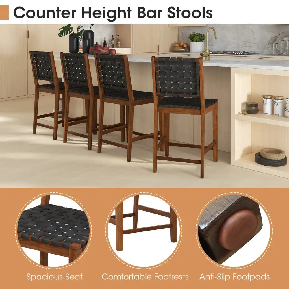 Set of 2 Woven Bar Stools with Faux PU Leather Straps-Black - Black - Bar Stools