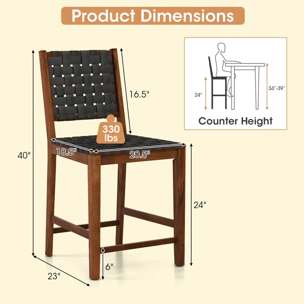 Set of 2 Woven Bar Stools with Faux PU Leather Straps-Black - Black - Bar Stools