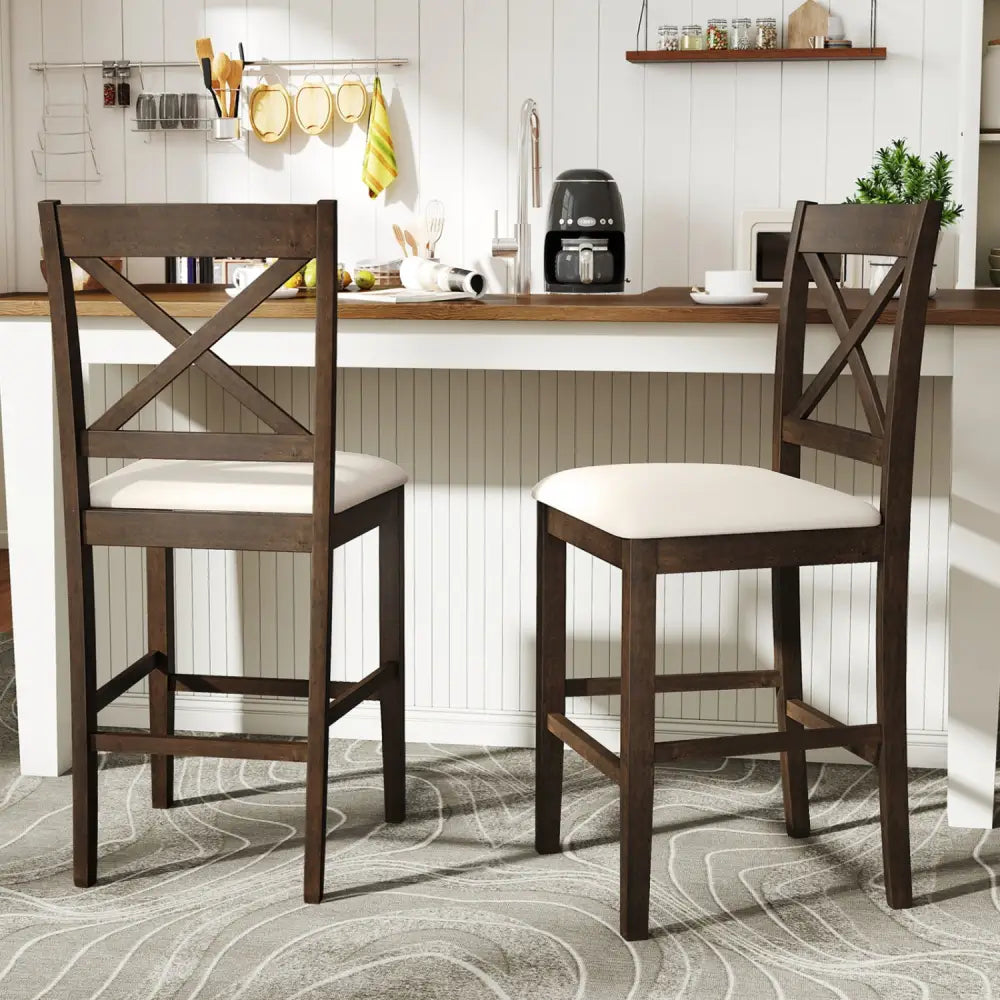 Set of 2 X-Back Bar Stools with Upholstered Cushioned Seats-Brown - Brown - Bar Stools
