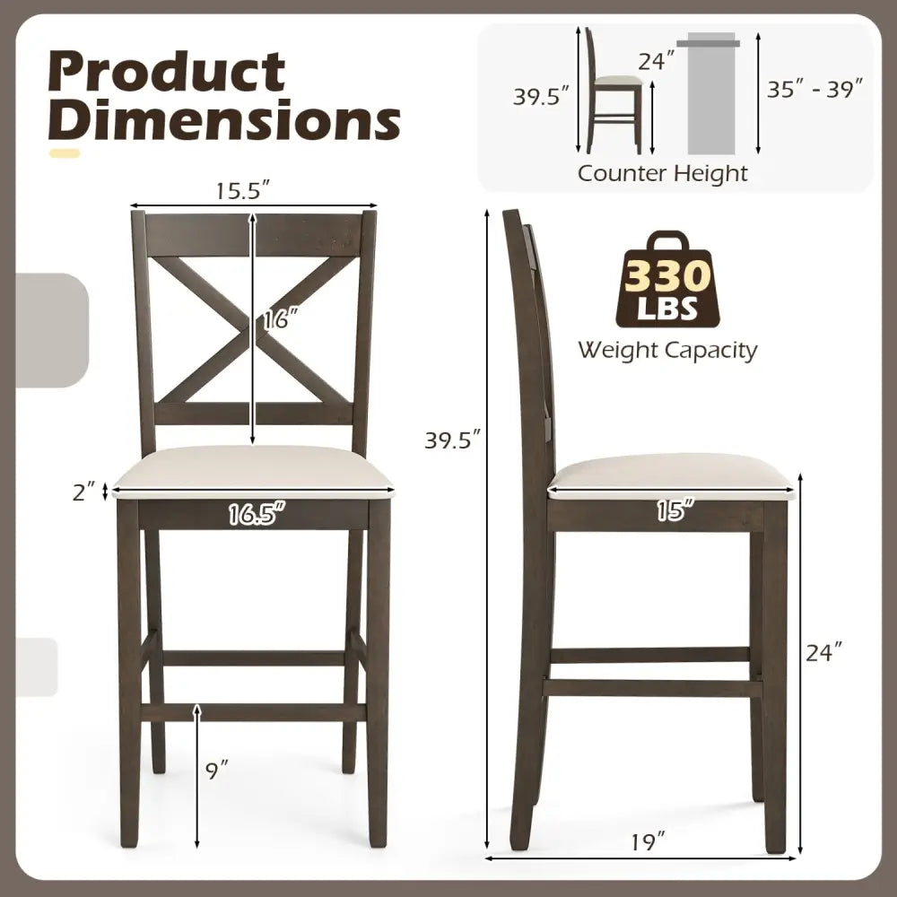 Set of 2 X-Back Bar Stools with Upholstered Cushioned Seats-Brown - Brown - Bar Stools