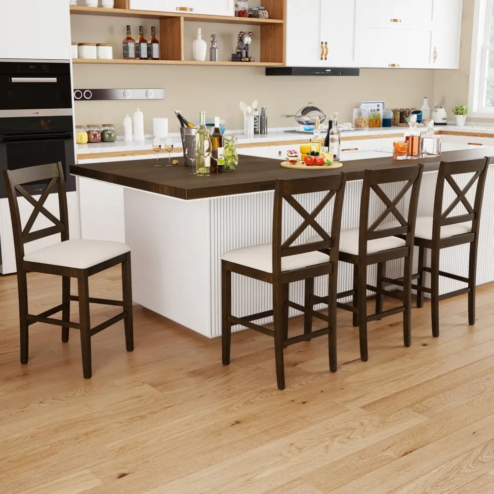 Set of 2 X-Back Bar Stools with Upholstered Cushioned Seats-Brown - Brown - Bar Stools