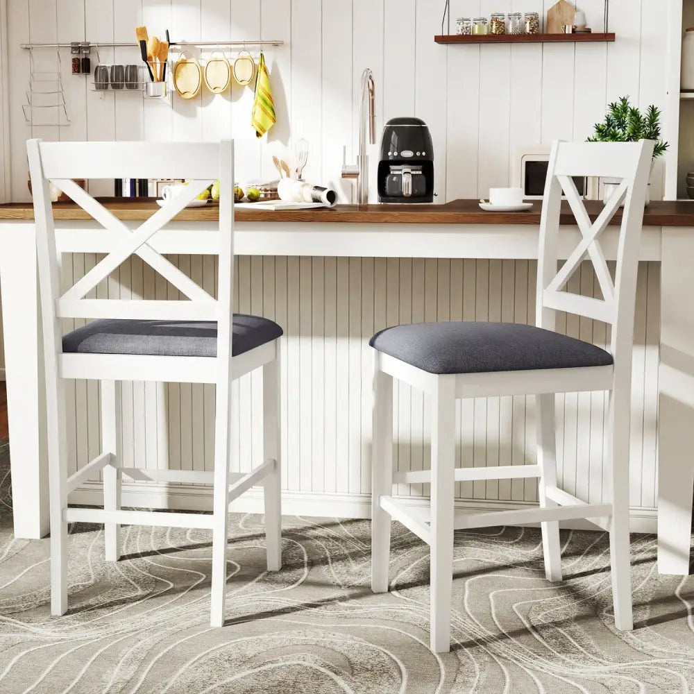 Set of 2 X-Back Bar Stools with Upholstered Cushioned Seats-White - White - Bar Stools