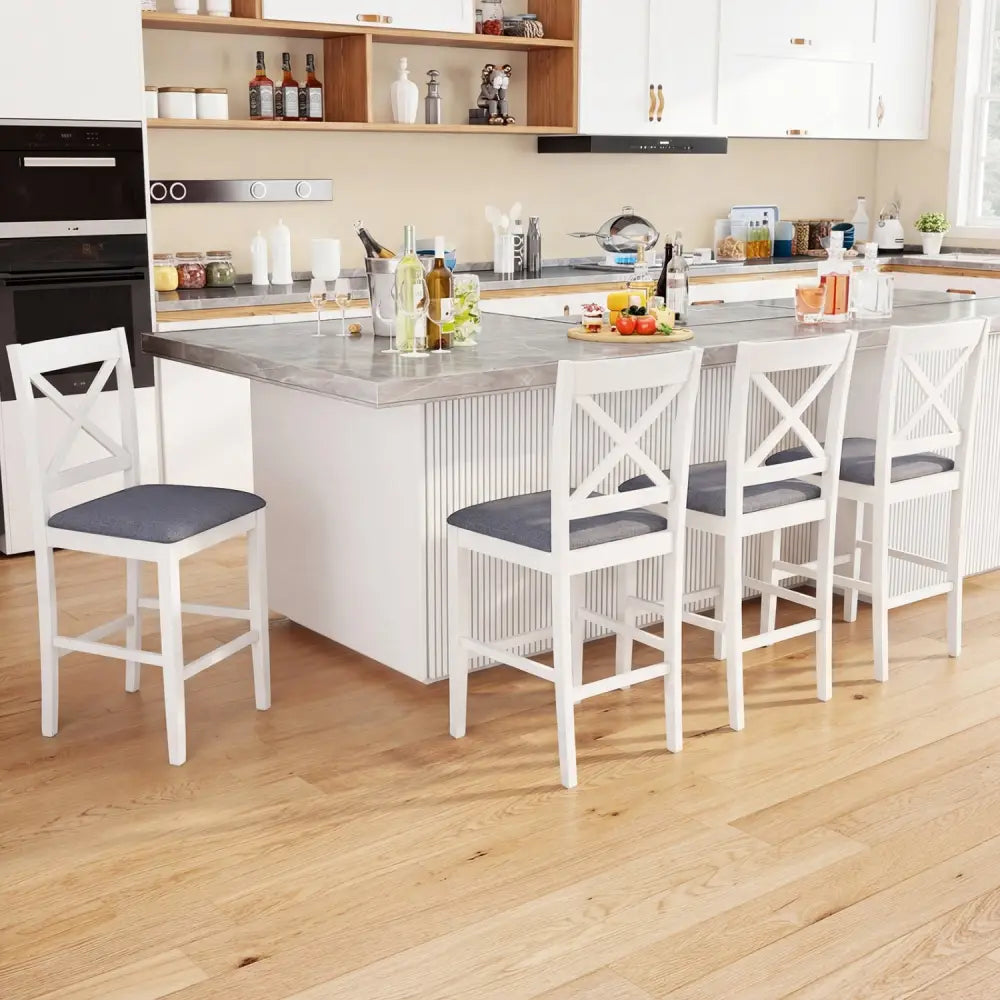 Set of 2 X-Back Bar Stools with Upholstered Cushioned Seats-White - White - Bar Stools