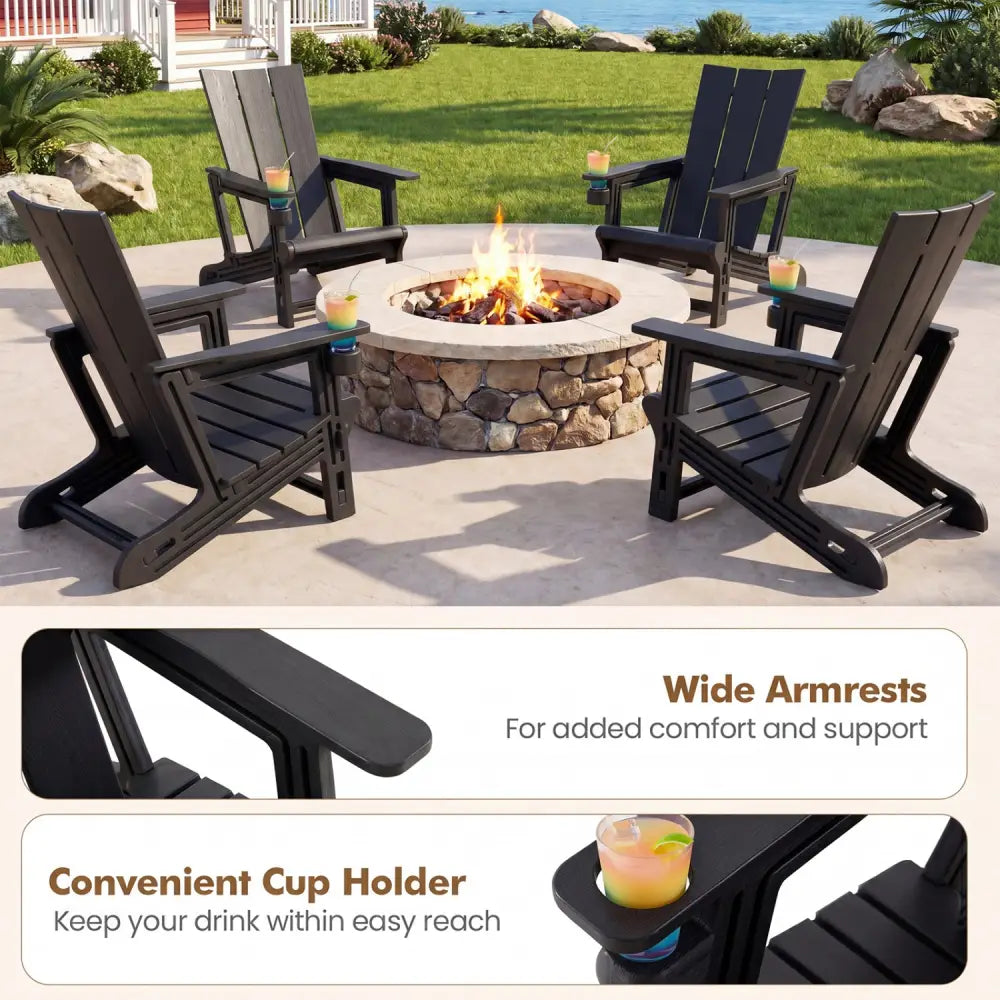 Set of 2ï»¿ Outdoor Adirondack Chairs with Cup Holder-Black - Black - Adirondack Chairs