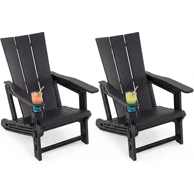 Set of 2ï»¿ Outdoor Adirondack Chairs with Cup Holder-Black - Black - Adirondack Chairs