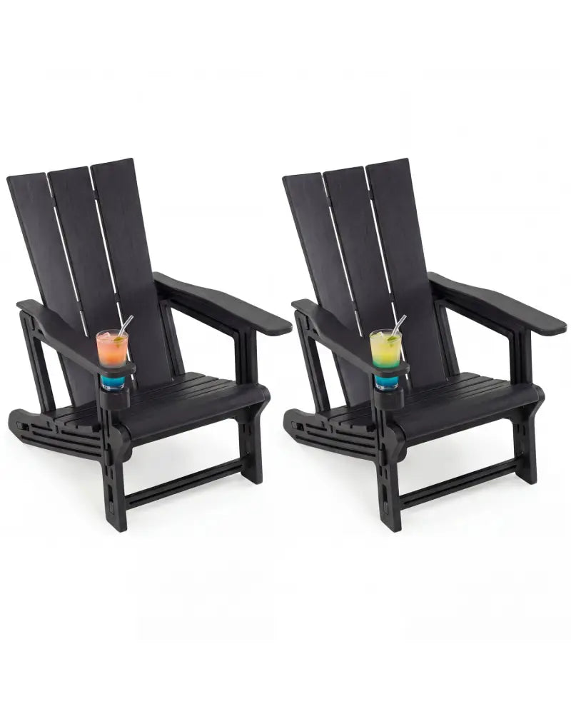 Set of 2ï»¿ Outdoor Adirondack Chairs with Cup Holder-Black - Black - Adirondack Chairs