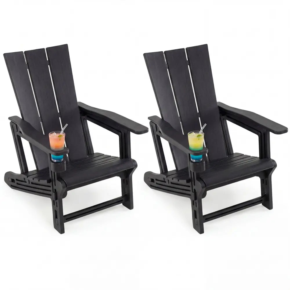 Set of 2ï»¿ Outdoor Adirondack Chairs with Cup Holder-Black - Black - Adirondack Chairs