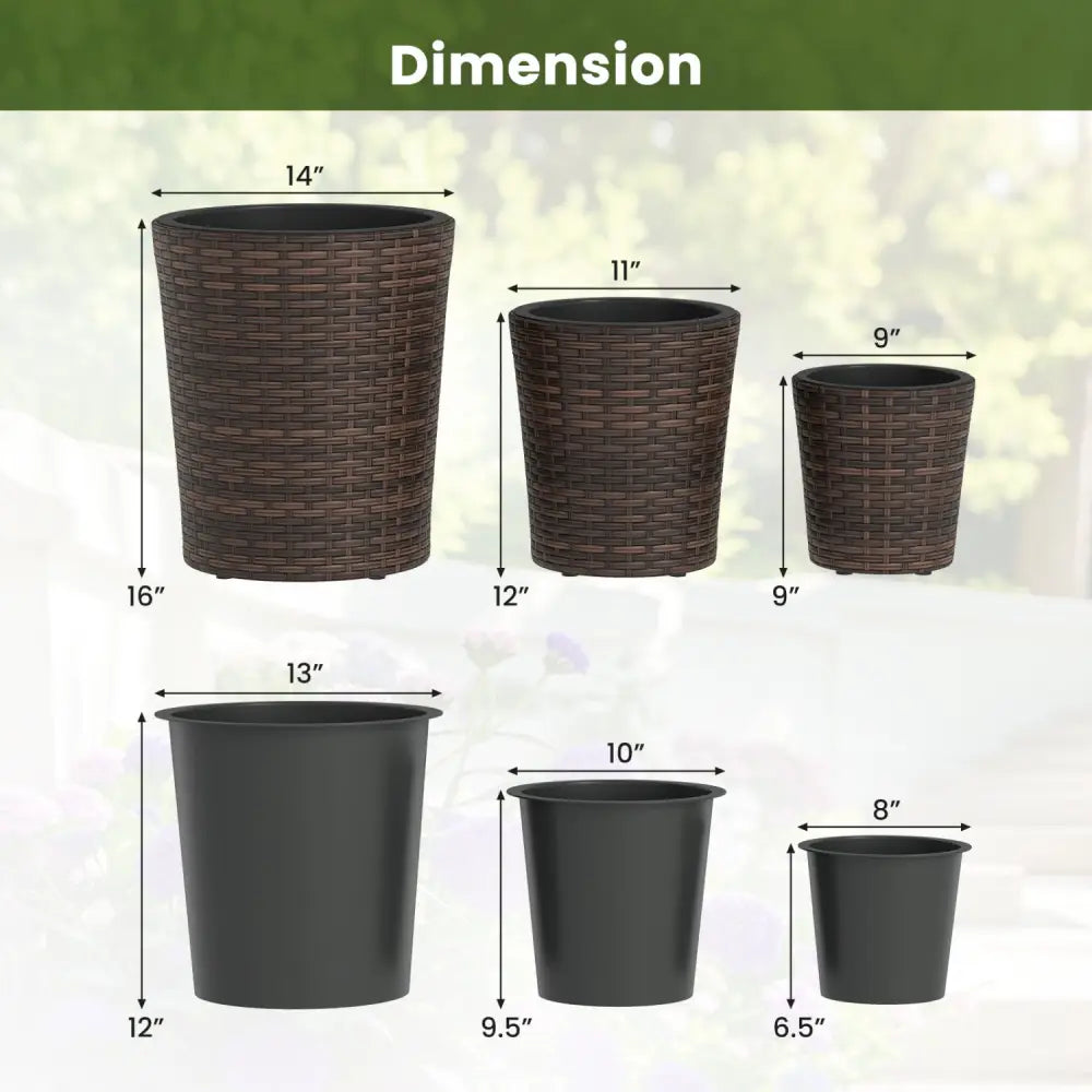Set of 3 Plastic Planters with Drainage Holes and Saucers for Porch and Garden-Brown - Brown - Raised Garden Beds