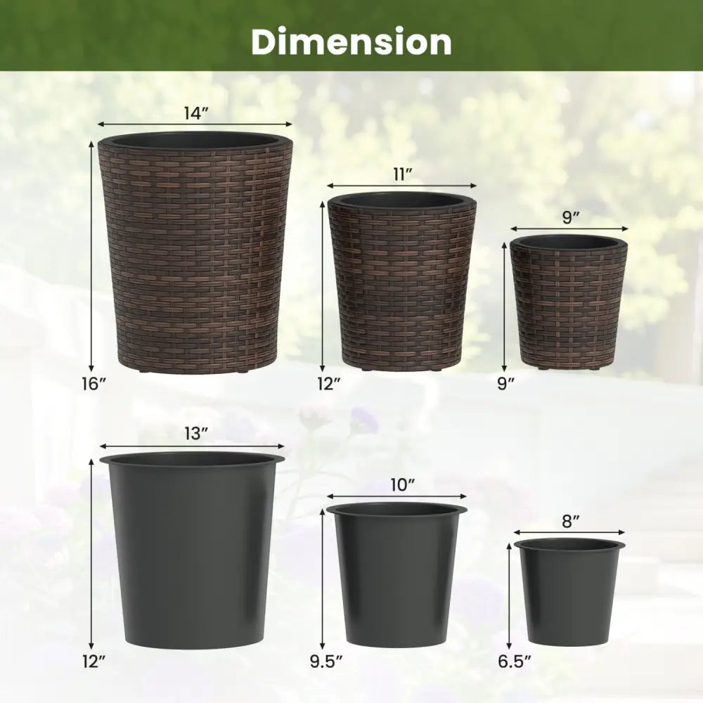 Set of 3 Plastic Planters with Drainage Holes and Saucers for Porch and Garden-Brown - Brown - Raised Garden Beds