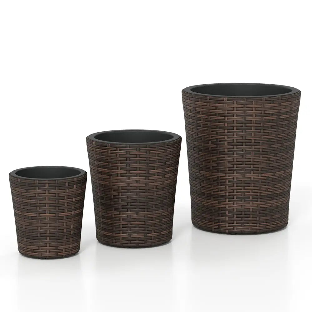 Set of 3 Plastic Planters with Drainage Holes and Saucers for Porch and Garden-Brown - Brown - Raised Garden Beds