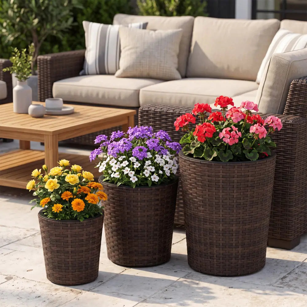 Set of 3 Plastic Planters with Drainage Holes and Saucers for Porch and Garden-Brown - Brown - Raised Garden Beds