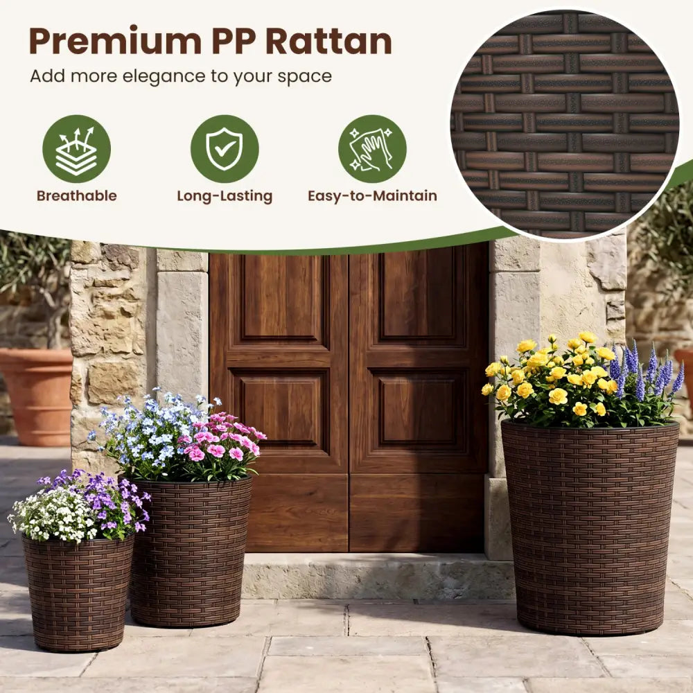 Set of 3 Plastic Planters with Drainage Holes and Saucers for Porch and Garden-Brown - Brown - Raised Garden Beds