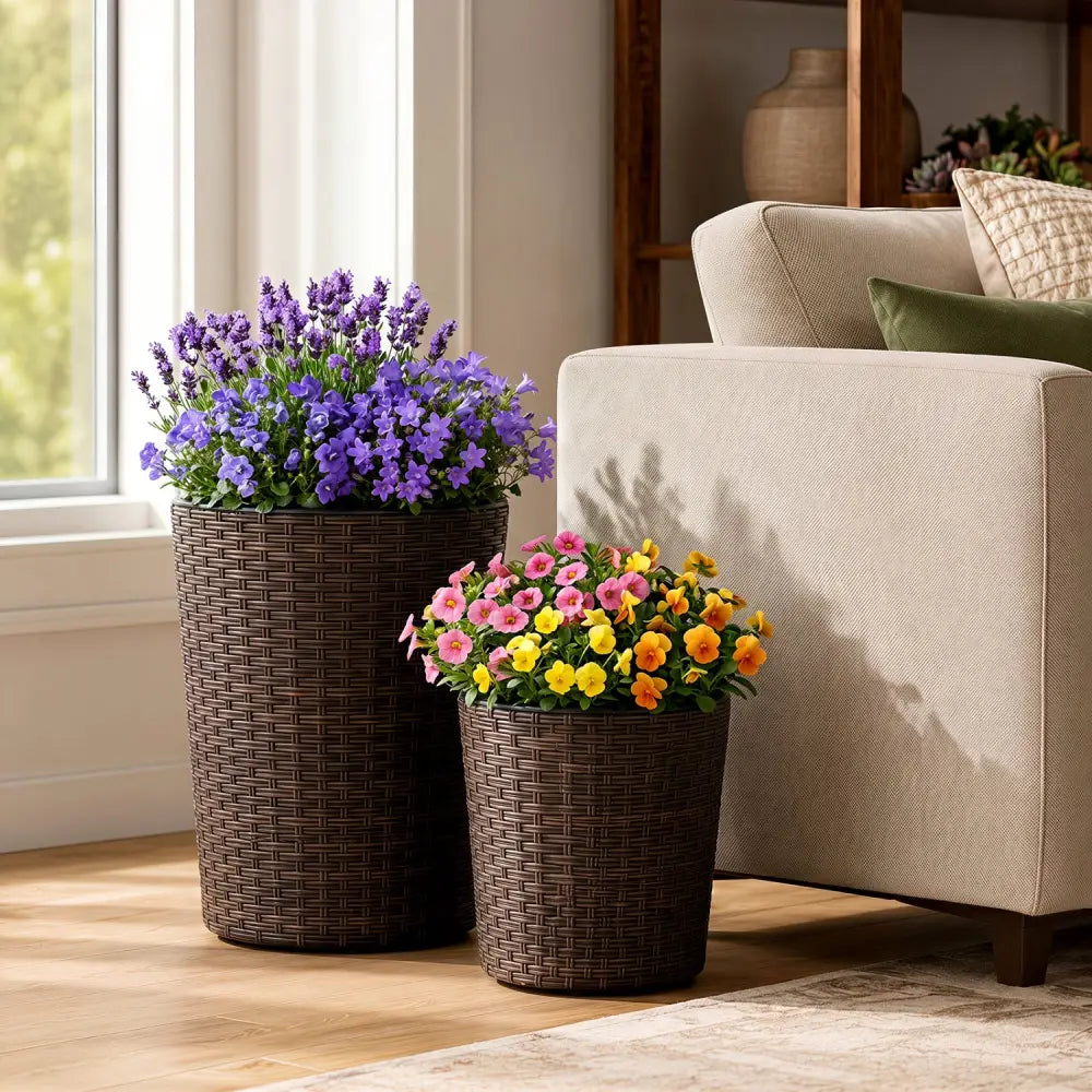 Set of 3 Plastic Planters with Drainage Holes and Saucers for Porch and Garden-Brown - Brown - Raised Garden Beds