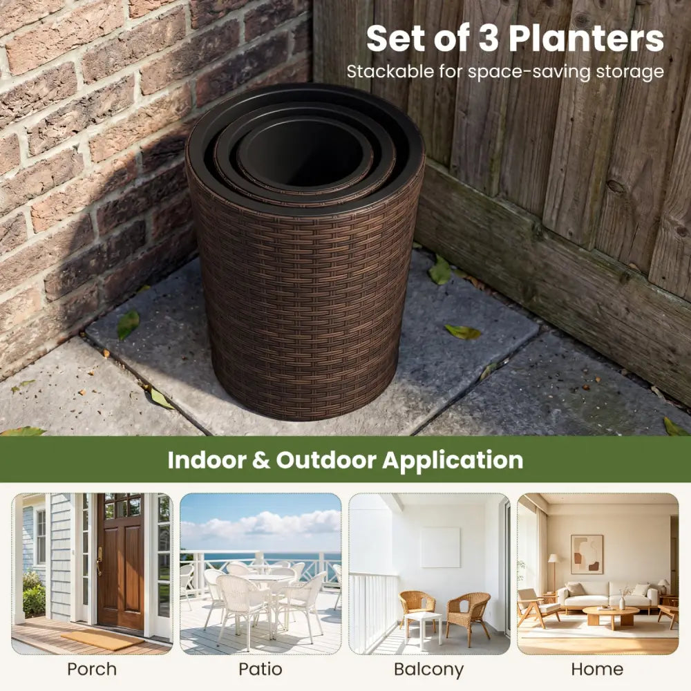 Set of 3 Plastic Planters with Drainage Holes and Saucers for Porch and Garden-Brown - Brown - Raised Garden Beds