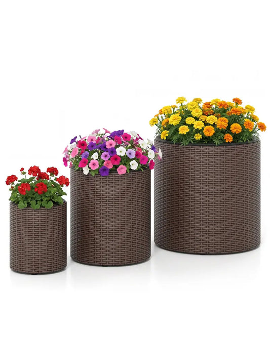 Set of 3 Plastic Planters with Drainage Holes and Saucers for Porch and Garden-Rustic Brown - Rustic Brown - Raised