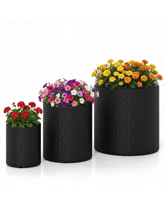 Set of 3 Plastic Planters with Drainage Holes and Saucers for Porch and Garden-Black - Black - Raised Garden Beds
