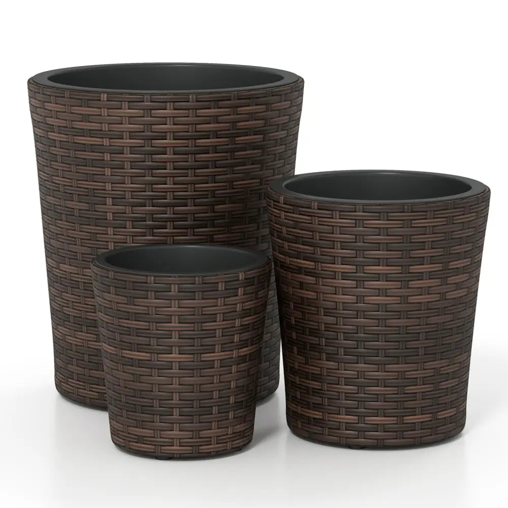 Set of 3 Plastic Planters with Drainage Holes and Saucers for Porch and Garden-Brown - Brown - Raised Garden Beds