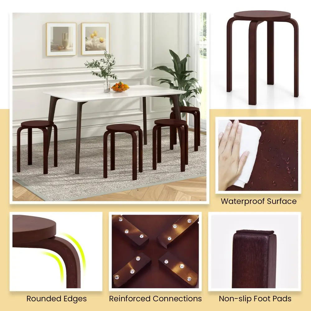 Set of 4 18 Inch Stackable Bentwood Dining Chairs with Round Top-Dark Brown - Dark Brown - Dining Chairs