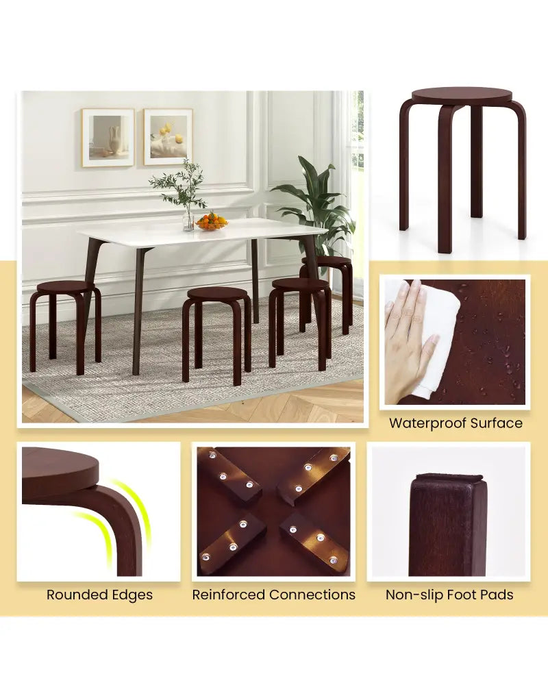 Set of 4 18 Inch Stackable Bentwood Dining Chairs with Round Top-Dark Brown - Dark Brown - Dining Chairs