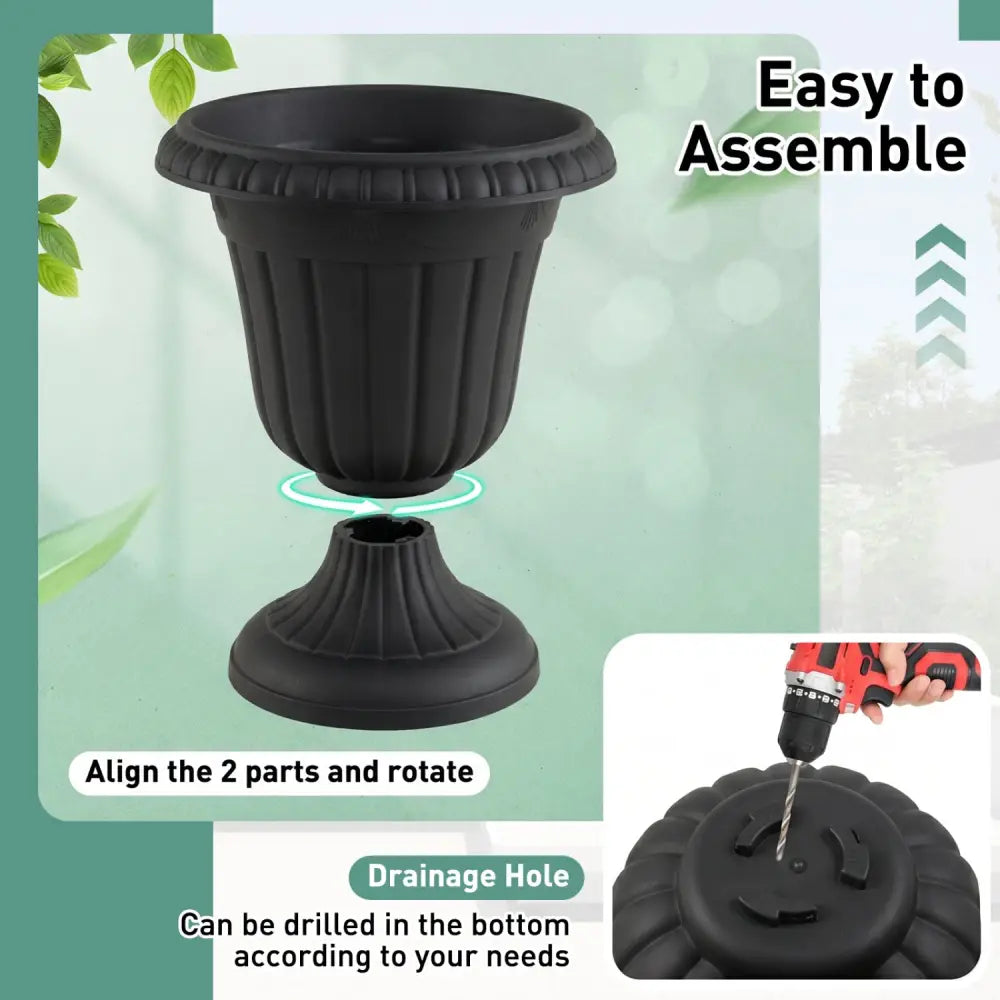 Set of 4 18 inch Tall Vintage Planters with Pedestal Base and Pre-marked Drain Hole-Black - Black - Raised Garden Beds