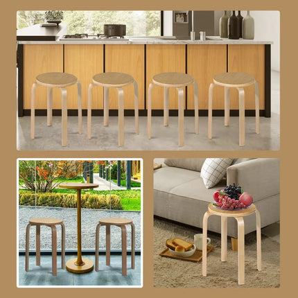 Set of 4 18 Inch Wood Home Backless Dining Chairs - Natural - Dining Chairs