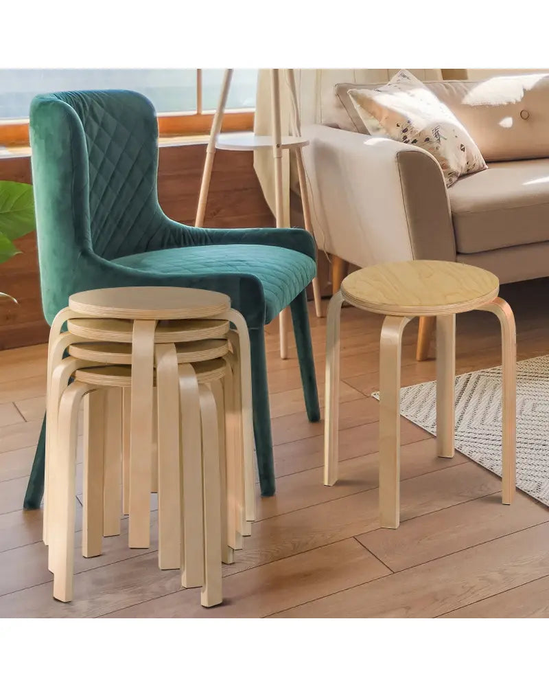 Set of 4 18 Inch Wood Home Backless Dining Chairs - Natural - Dining Chairs
