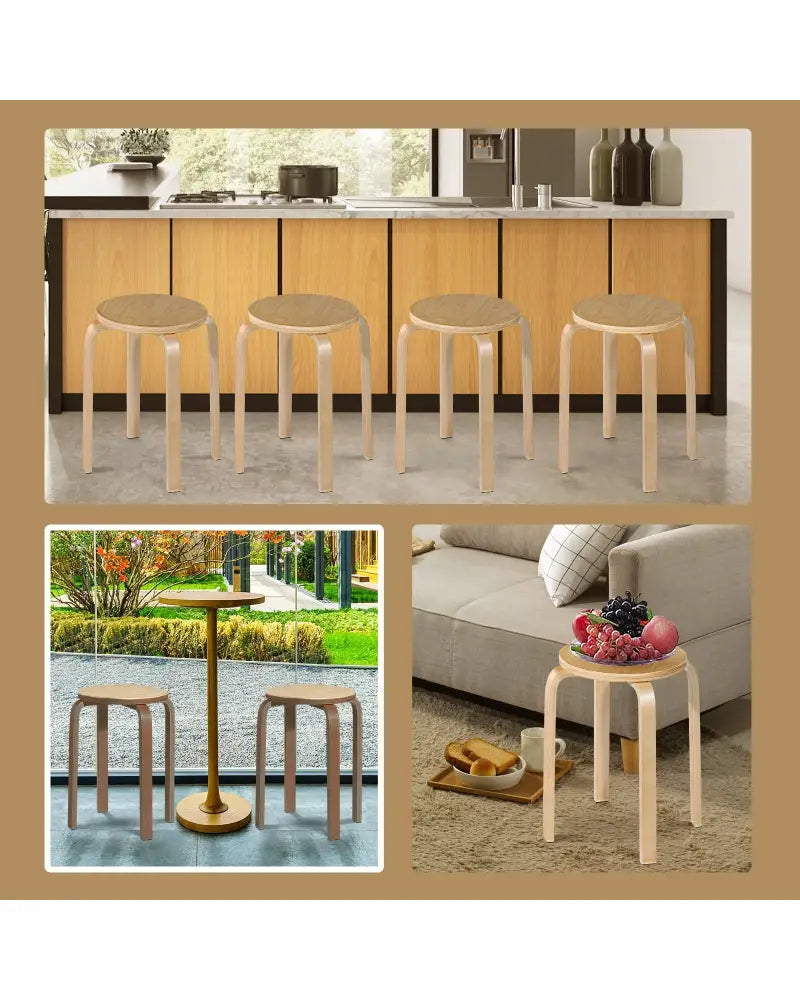 Set of 4 18 Inch Wood Home Backless Dining Chairs - Natural - Dining Chairs
