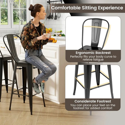 Set of 4 Bar Height Chairs Stackable Metal Bar Stools with Removable Backrest-Black Costway