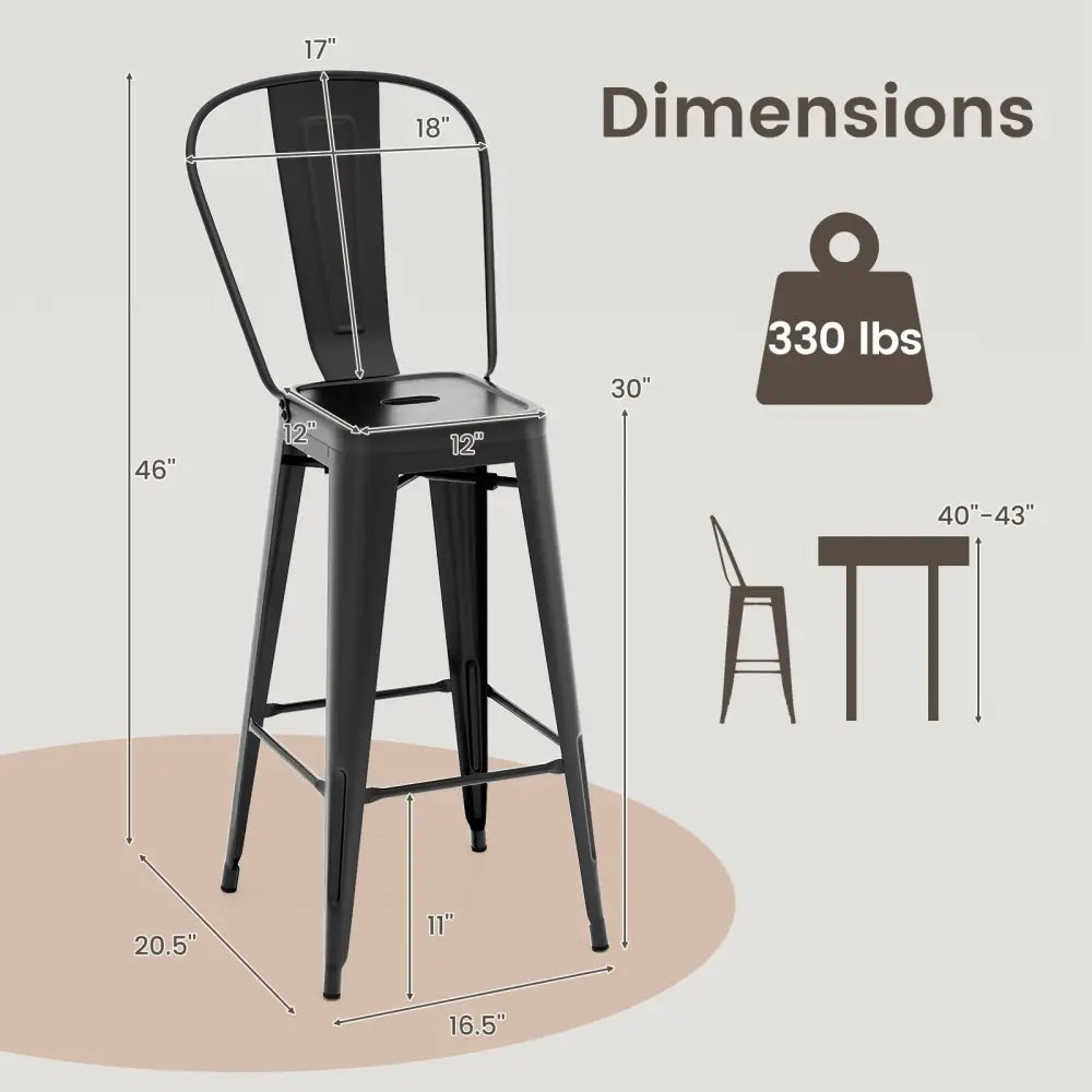Set of 4 Bar Height Chairs Stackable Metal Bar Stools with Removable Backrest-Black Costway