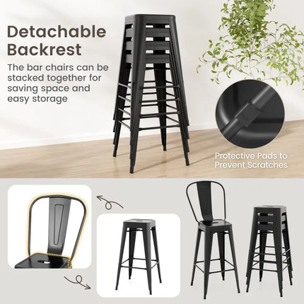 Set of 4 Bar Height Chairs Stackable Metal Bar Stools with Removable Backrest-Black Costway