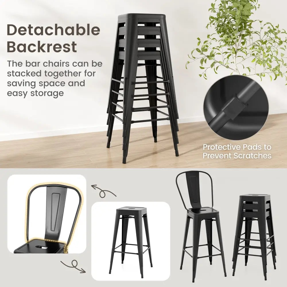 Set of 4 Bar Height Chairs Stackable Metal Bar Stools with Removable Backrest-Black Costway