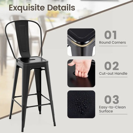 Set of 4 Bar Height Chairs Stackable Metal Bar Stools with Removable Backrest-Black Costway
