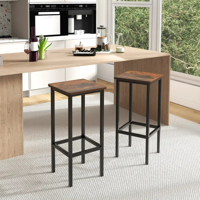 Set of 4 Bar Stool Set 26 Inch Bar Chair with Metal Legs and Footrest-Rustic Brown - Rustic Brown - Bar Stools