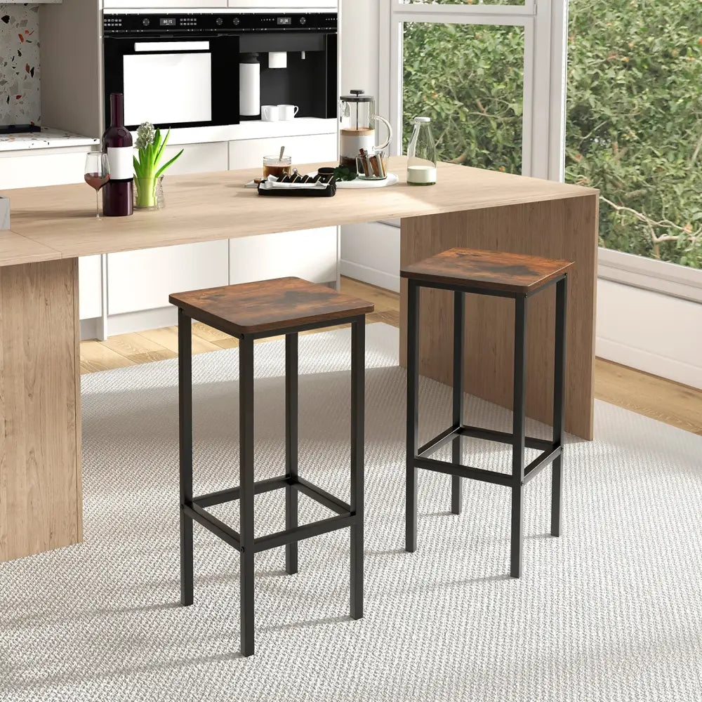 Set of 4 Bar Stool Set 26 Inch Bar Chair with Metal Legs and Footrest-Rustic Brown - Rustic Brown - Bar Stools