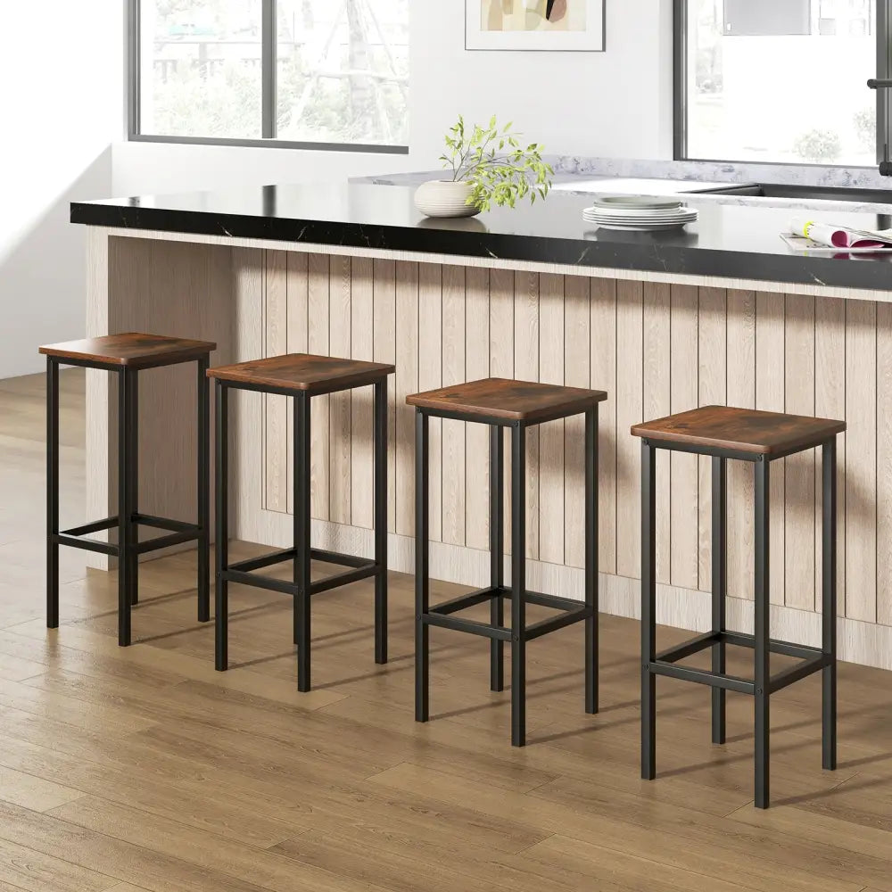 Set of 4 Bar Stool Set 26 Inch Bar Chair with Metal Legs and Footrest-Rustic Brown - Rustic Brown - Bar Stools