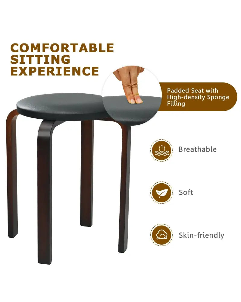 Set of 4 Bentwood Round Stool Stackable Dining Chairs with Padded Seat-Black - Black - Dining Chairs