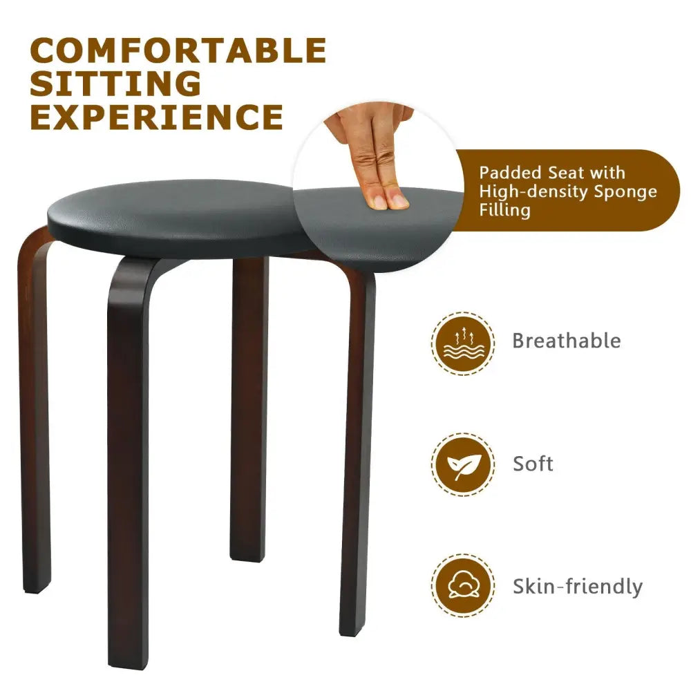 Set of 4 Bentwood Round Stool Stackable Dining Chairs with Padded Seat-Black - Black - Dining Chairs
