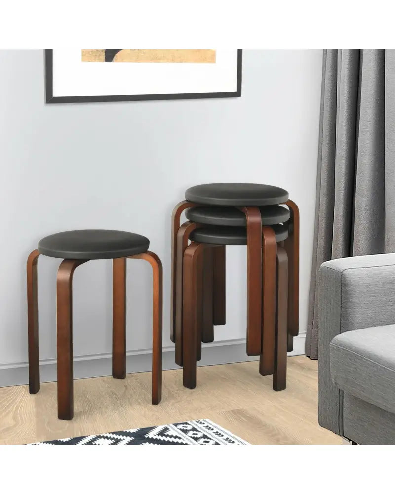 Set of 4 Bentwood Round Stool Stackable Dining Chairs with Padded Seat-Black - Black - Dining Chairs