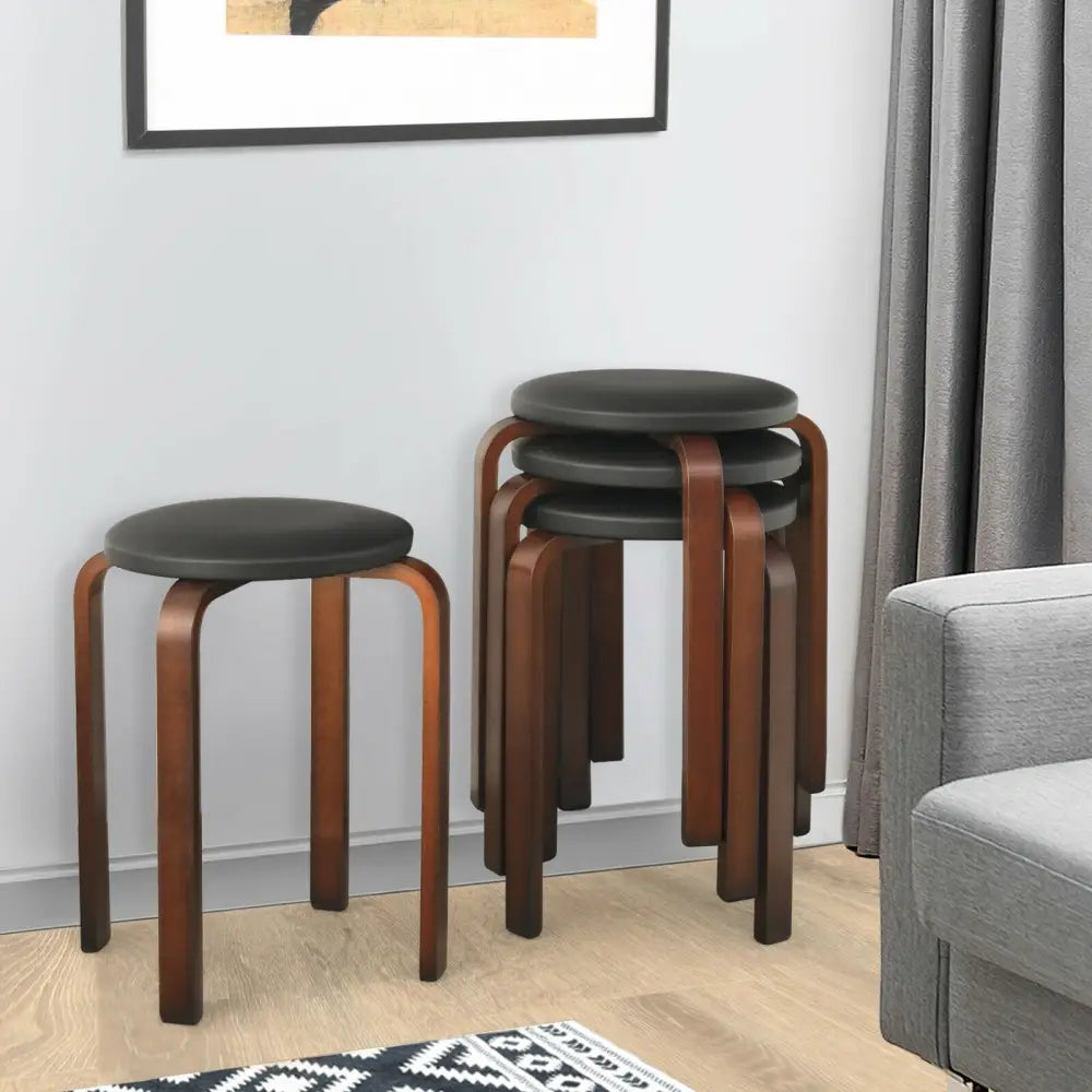 Set of 4 Bentwood Round Stool Stackable Dining Chairs with Padded Seat-Black - Black - Dining Chairs