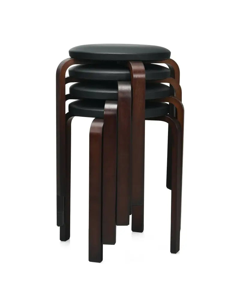 Set of 4 Bentwood Round Stool Stackable Dining Chairs with Padded Seat-Black - Black - Dining Chairs
