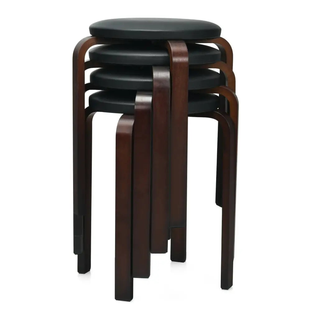 Set of 4 Bentwood Round Stool Stackable Dining Chairs with Padded Seat-Black - Black - Dining Chairs