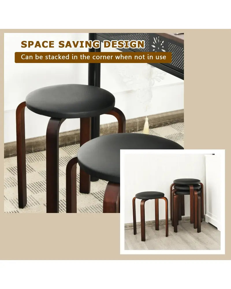 Set of 4 Bentwood Round Stool Stackable Dining Chairs with Padded Seat-Black - Black - Dining Chairs