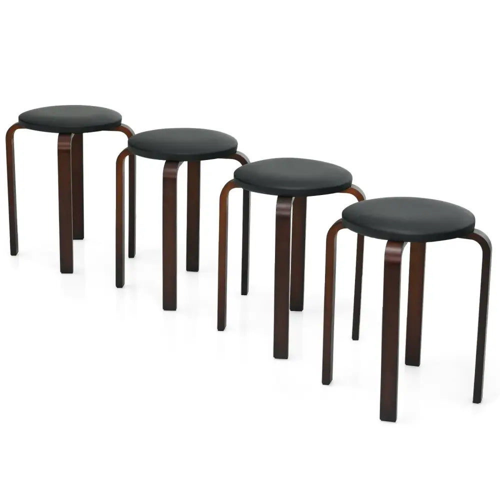 Set of 4 Bentwood Round Stool Stackable Dining Chairs with Padded Seat-Black - Black - Dining Chairs