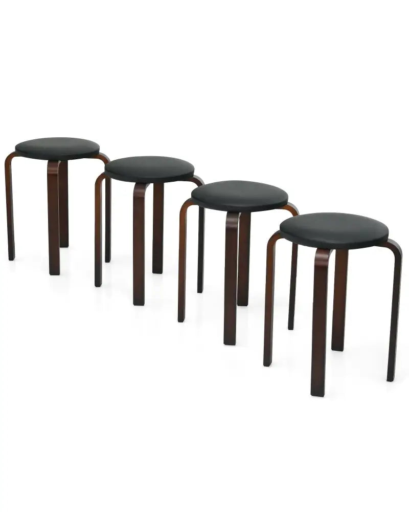 Set of 4 Bentwood Round Stool Stackable Dining Chairs with Padded Seat-Black - Black - Dining Chairs