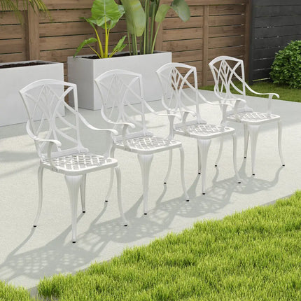 Set of 4 Cast Aluminum Patio Dining Chairs with Armrests and Decorative Patterns - White - Patio Dining Chairs