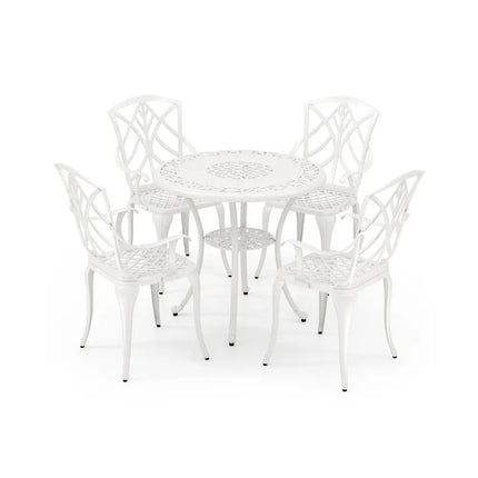 Set of 4 Cast Aluminum Patio Dining Chairs with Armrests and Decorative Patterns - White - Patio Dining Chairs