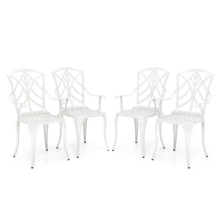Set of 4 Cast Aluminum Patio Dining Chairs with Armrests and Decorative Patterns - White - Patio Dining Chairs